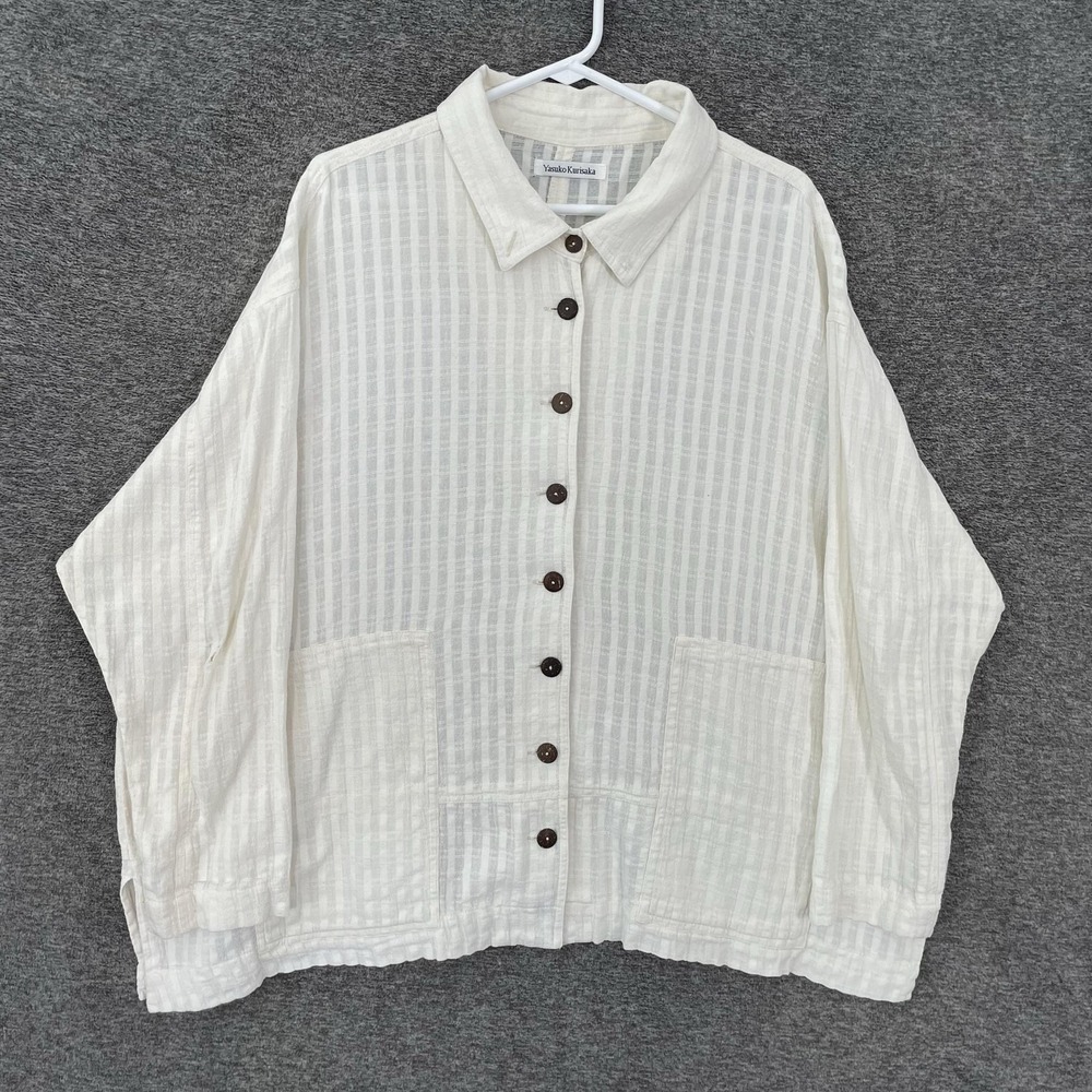 Yasuko Kurisaka Blouse Womens One Size White Striped Button Up Tunic Lagenlook